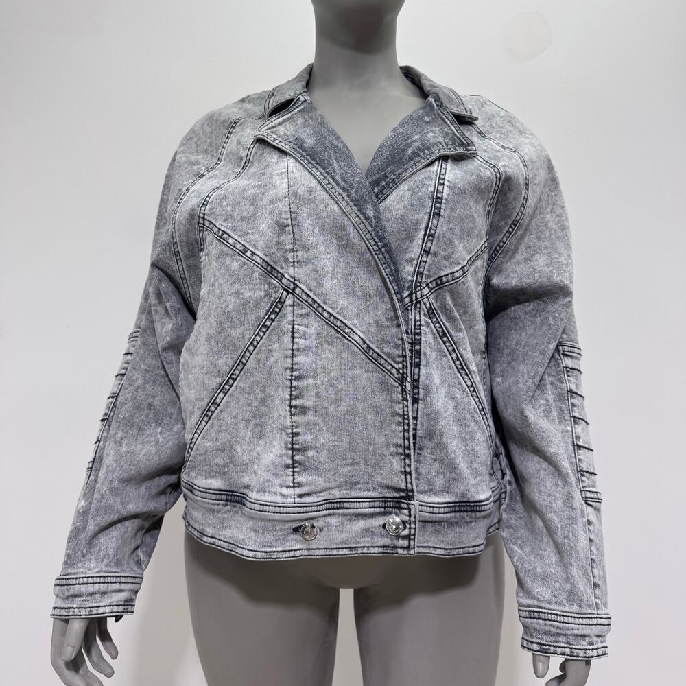 NWT Marina Rinaldi Grey Acid Wash Denim Jacket Cropped US 18 Biker Grunge Rock